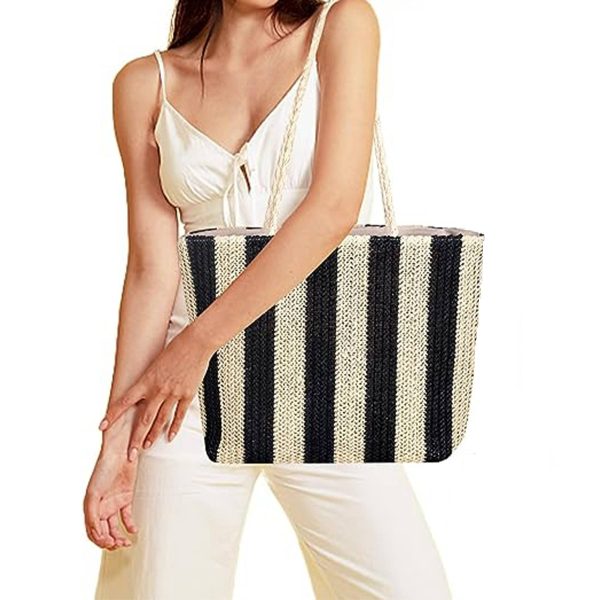 Women Beach Straw Striped Tote Bag - Image 7