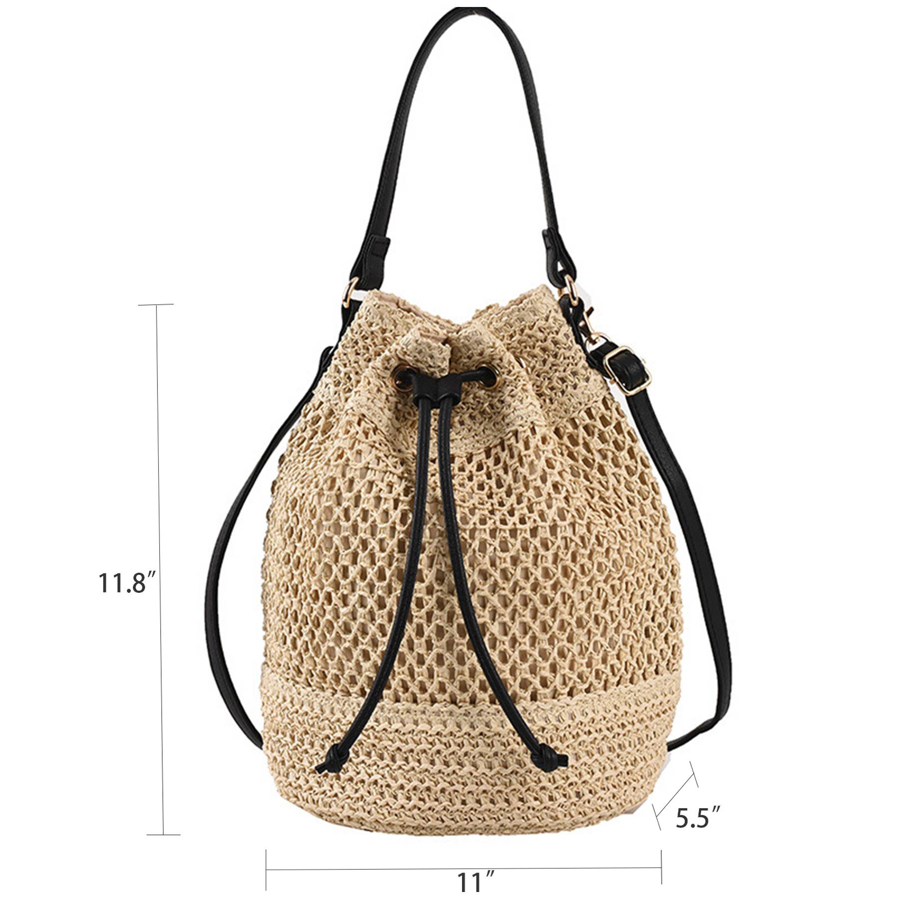 Jute Woven Beach Drawstring Bucket Handbag Crossbody Bag - Image 3