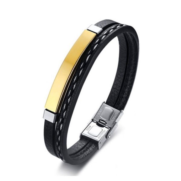 Stainless steel curved PU leather woven bracelet - Image 3