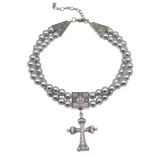 Alloy Double grey pearl rhinestone cross necklace - Image 3
