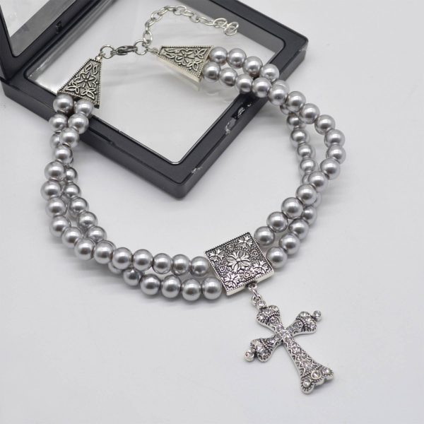 Alloy Double grey pearl rhinestone cross necklace - Image 2