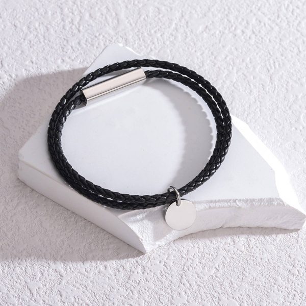 Steel Braided leather rope round pendant bracelet - Image 3
