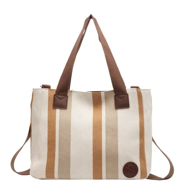 Striped Canvas Tote Bag W/ Large Capacity - Image 3