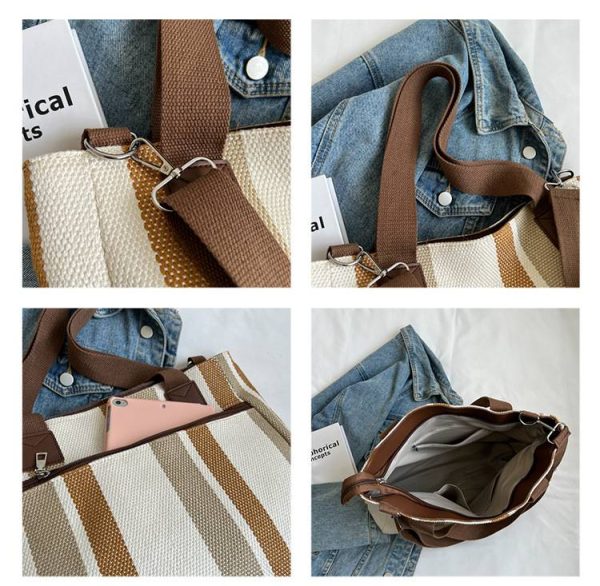 Striped Canvas Tote Bag W/ Large Capacity - Image 5