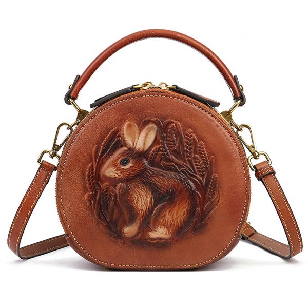Genuine Leather Vintage bunny embossed diagonal shoulder bag - Image 2