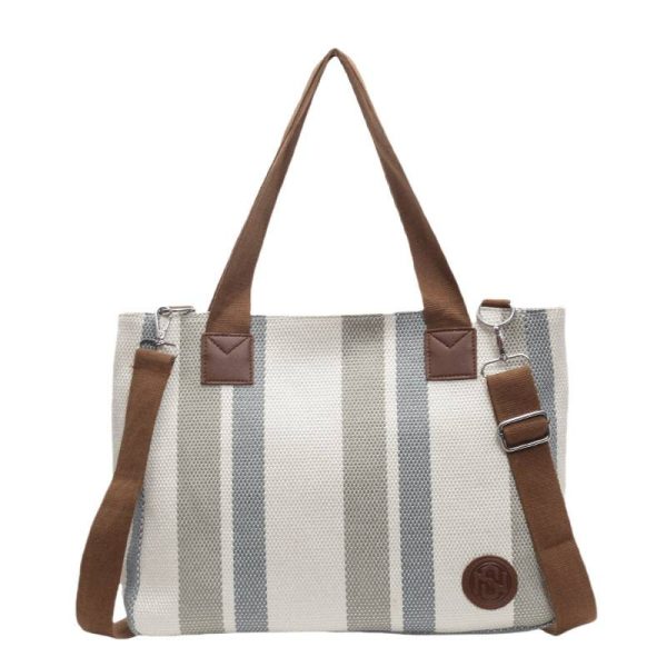 Striped Canvas Tote Bag W/ Large Capacity