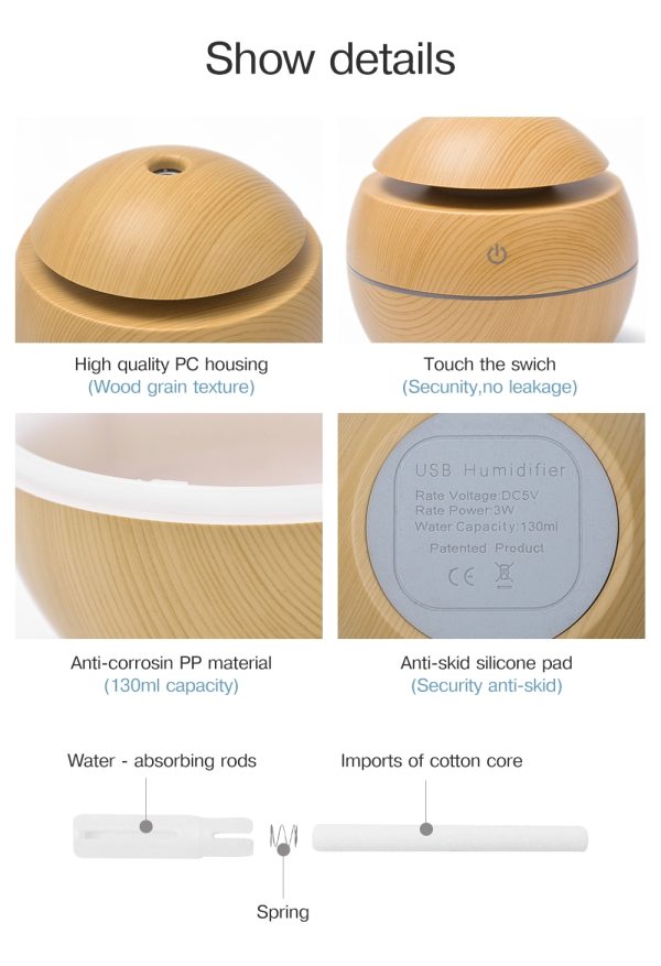 130Ml Usb Electric Air Humidifier Wood Grain 7 Color Lights - Image 7