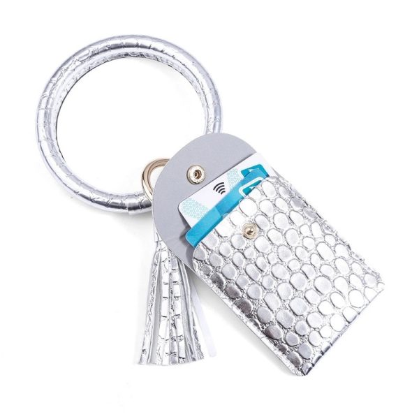PU Leather Tassel Bracelet ID Credit Cards Holder Keychain