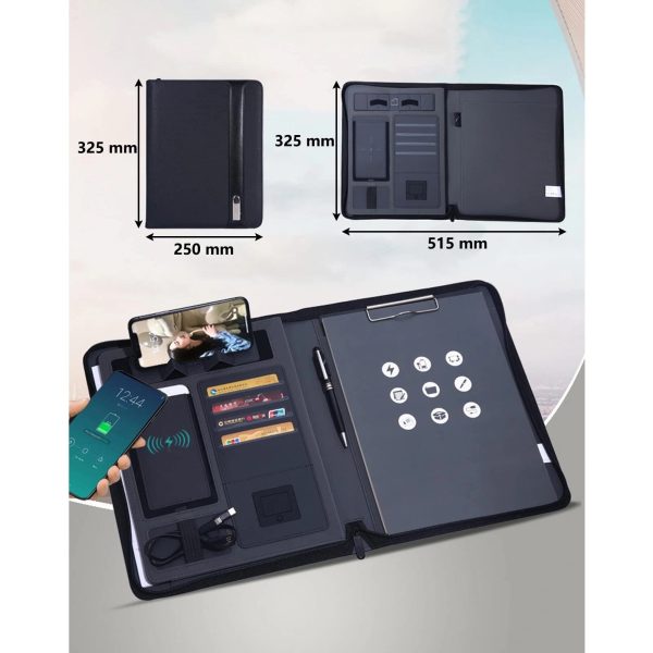 A4 Padfolio Leather Folder Waterproof W/ 6000Mah Power Bank