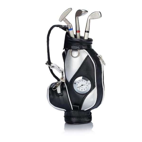 Mini Desktop Golf Bag Pen Holder With Clock
