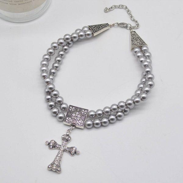 Alloy Double grey pearl rhinestone cross necklace - Image 4