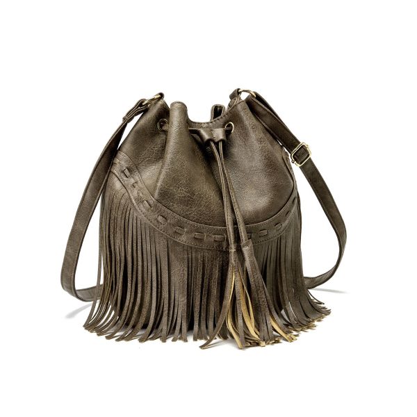 PU leather Drawstring Purse Tassel Crossbody Shoulder Bag - Image 3