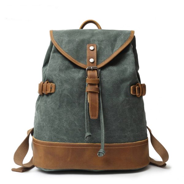 Genuine Canvas Leather Vintage Waterproof Backpack Daypack - Image 2