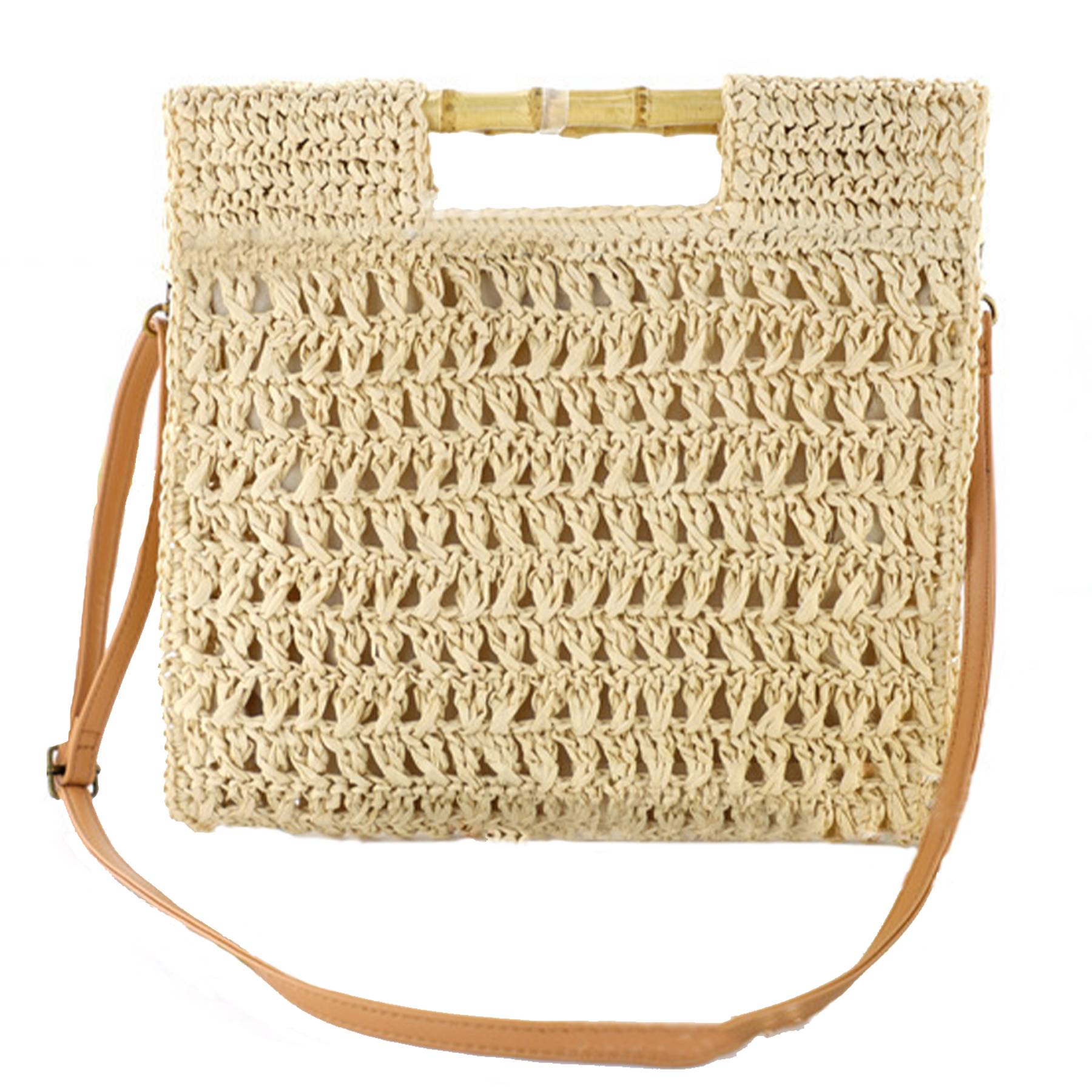 Jute Straw Beach Bamboo Top Handle Handbag Crossbody Bag - Image 2