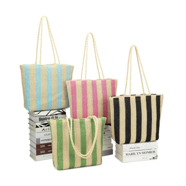 Women Beach Straw Striped Tote Bag