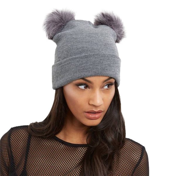 Acrylic Winter double furball knitted beanie - Image 4
