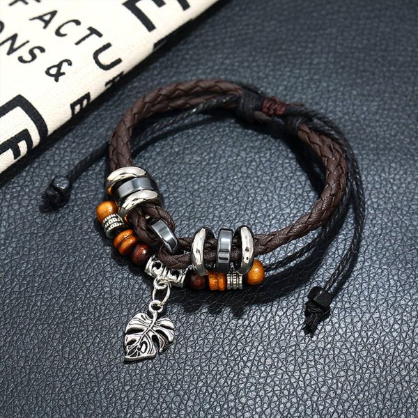 PU Multi-layered woven leaf pendant men's bracelet - Image 2