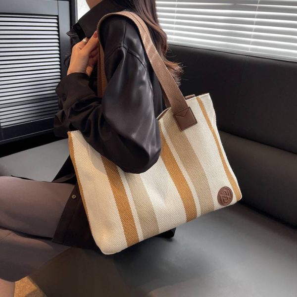 Striped Canvas Tote Bag W/ Large Capacity - Image 6