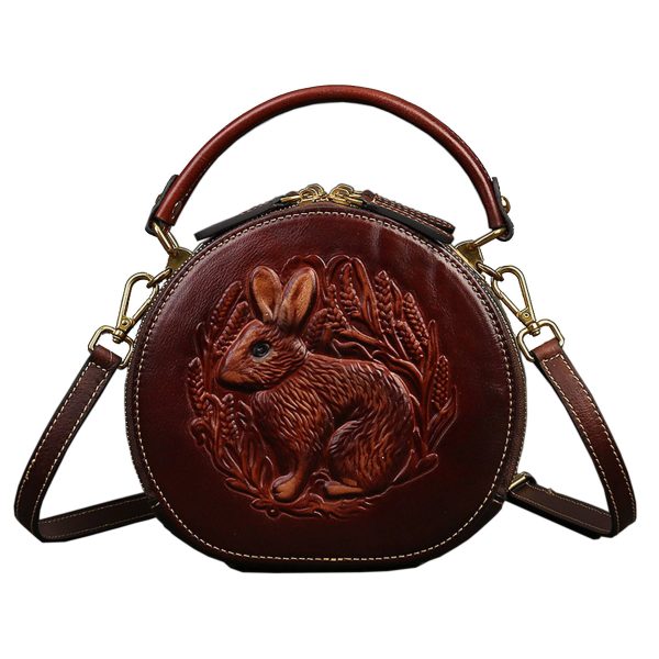 Genuine Leather Vintage bunny embossed diagonal shoulder bag - Image 3