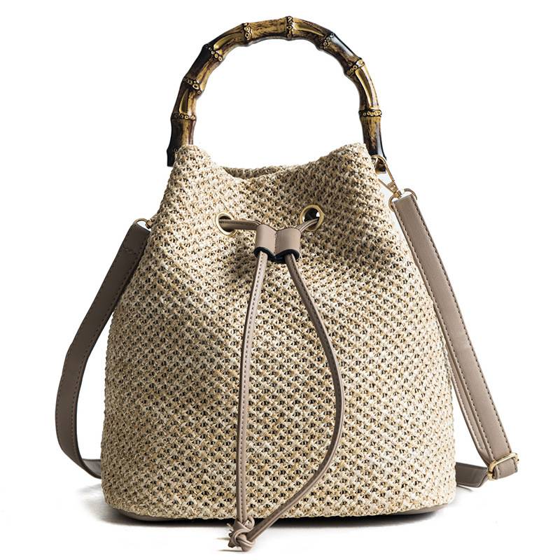 Jute Crossbody Bag Bucket Handbags With Bamboo Handle