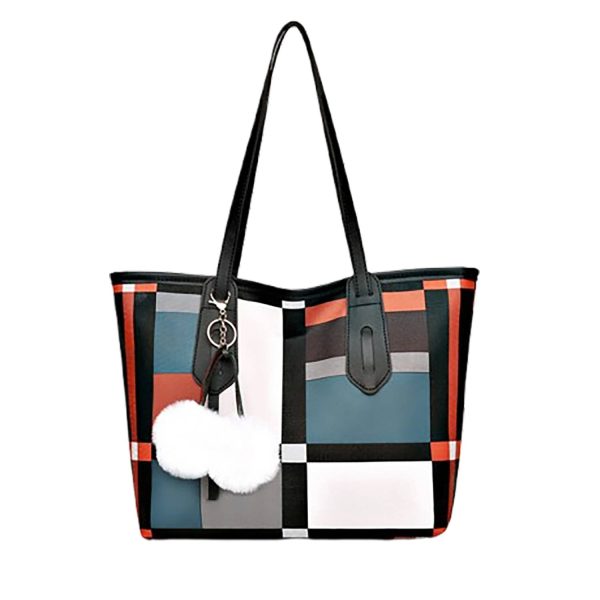 PU Leather Large-Capacity Tote Bag w/ Plush Pendant