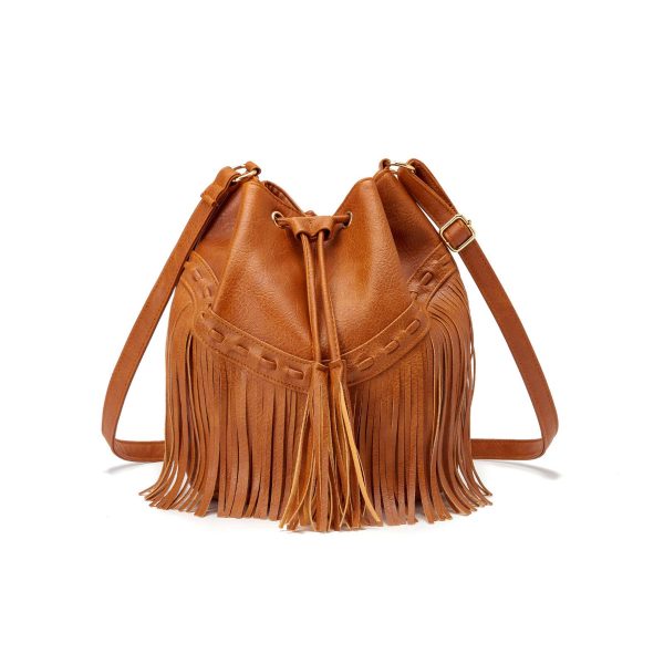 PU leather Drawstring Purse Tassel Crossbody Shoulder Bag - Image 4
