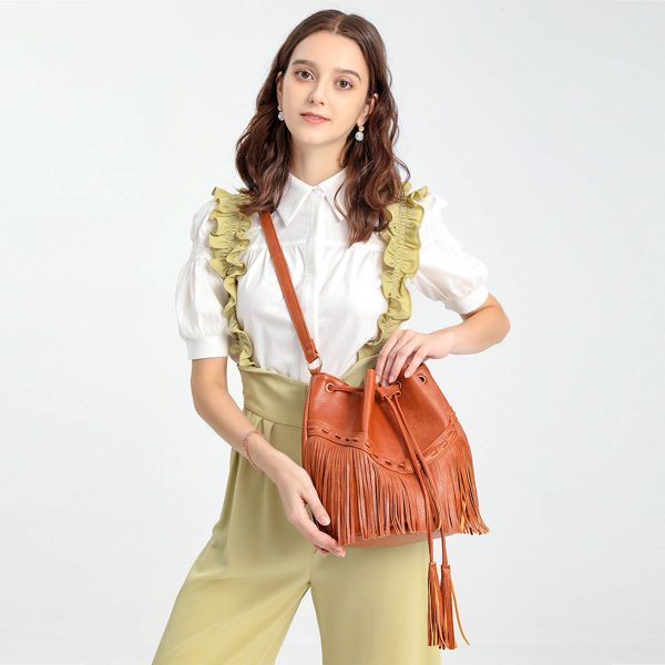 PU leather Drawstring Purse Tassel Crossbody Shoulder Bag - Image 5