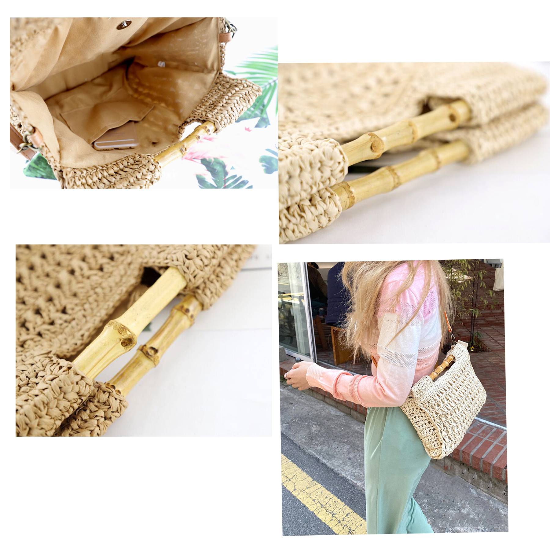 Jute Straw Beach Bamboo Top Handle Handbag Crossbody Bag - Image 3