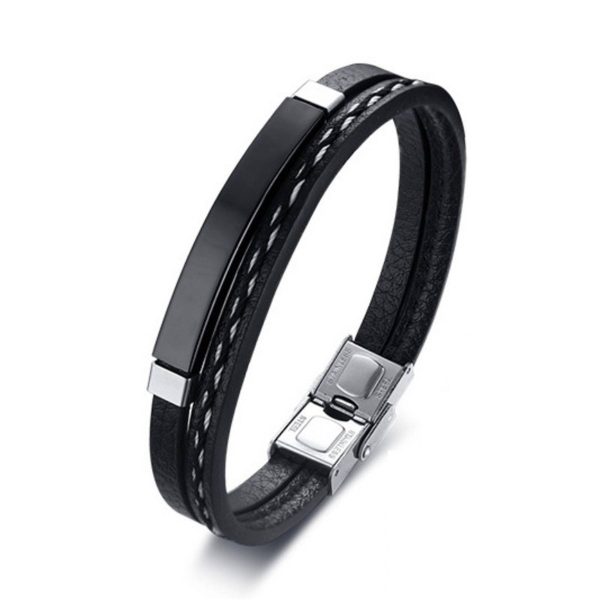Stainless steel curved PU leather woven bracelet - Image 2