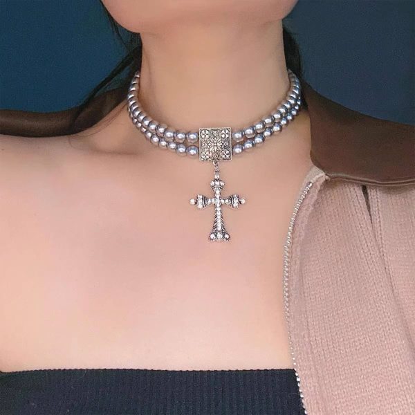 Alloy Double grey pearl rhinestone cross necklace
