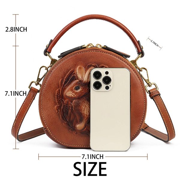 Genuine Leather Vintage bunny embossed diagonal shoulder bag - Image 4