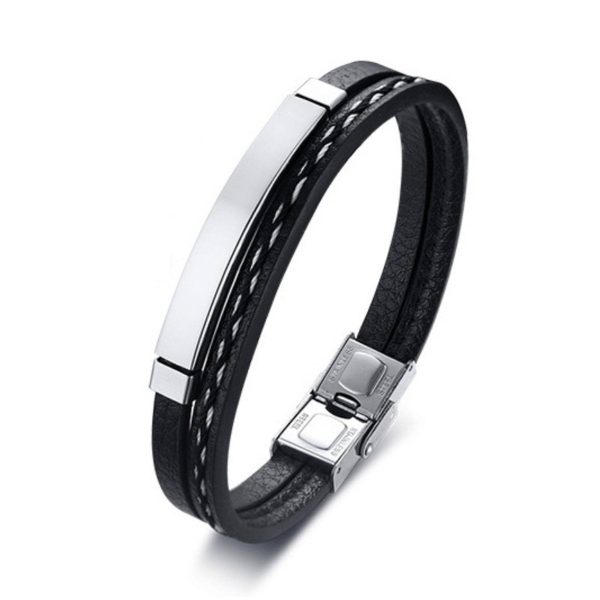 Stainless steel curved PU leather woven bracelet