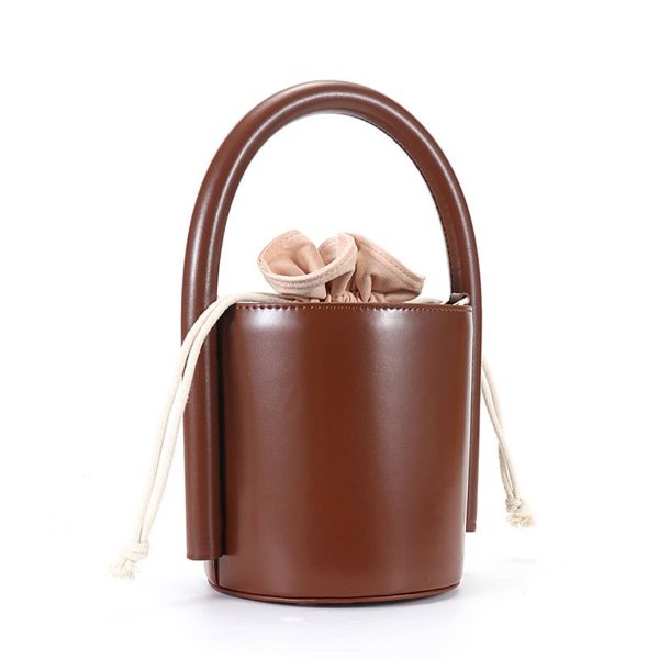 Genuine Leather Cylinder bucket cross-body Drawstring bag