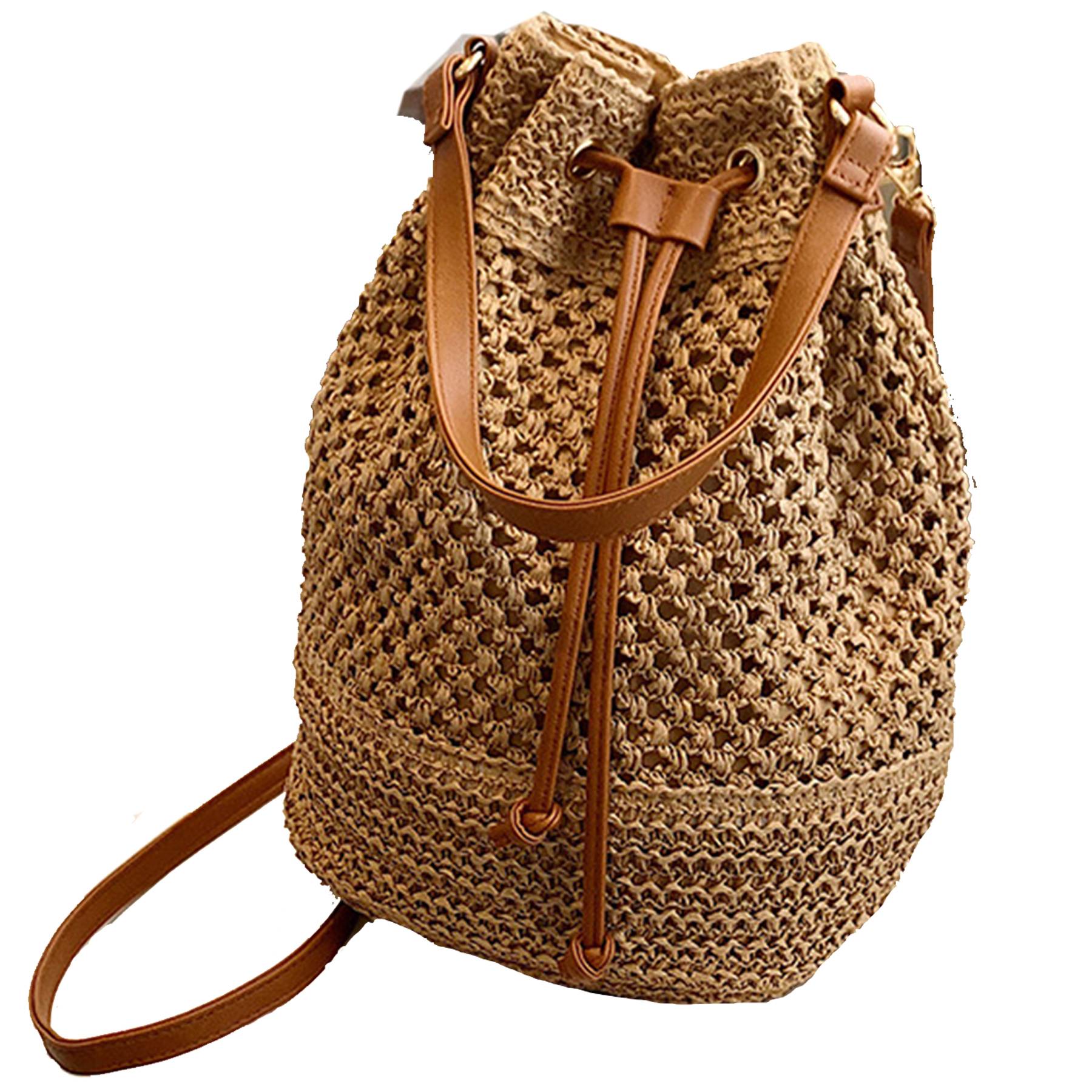 Jute Woven Beach Drawstring Bucket Handbag Crossbody Bag - Image 2