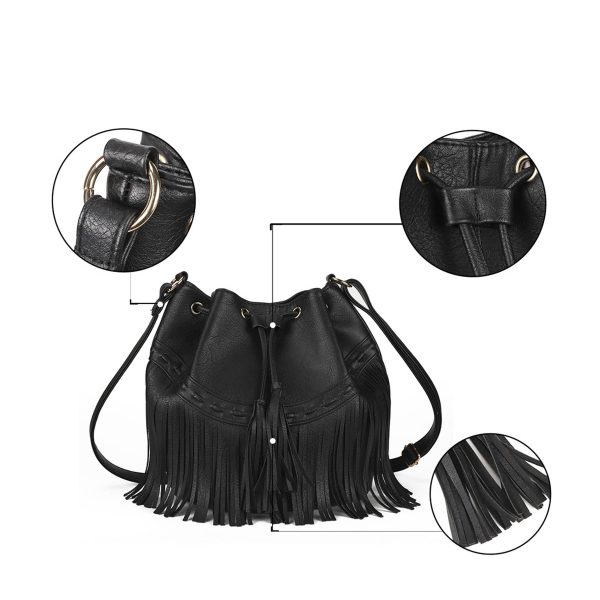 PU leather Drawstring Purse Tassel Crossbody Shoulder Bag - Image 7