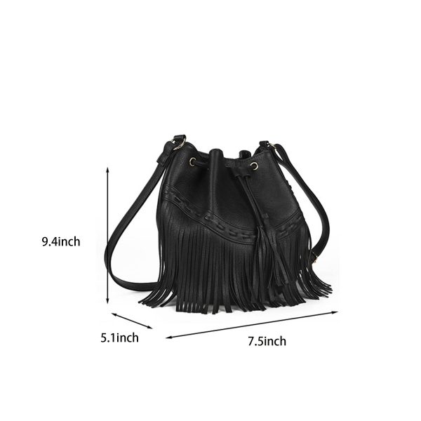 PU leather Drawstring Purse Tassel Crossbody Shoulder Bag - Image 6