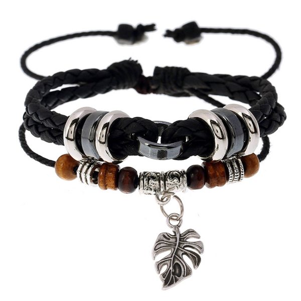 PU Multi-layered woven leaf pendant men's bracelet
