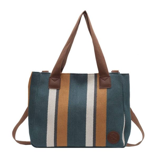 Striped Canvas Tote Bag W/ Large Capacity - Image 2