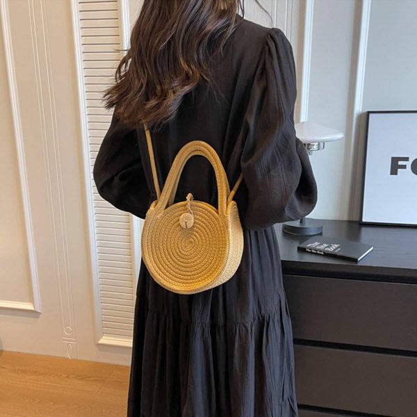 Straw Solid Round Tote Cross-body Bag - Image 4