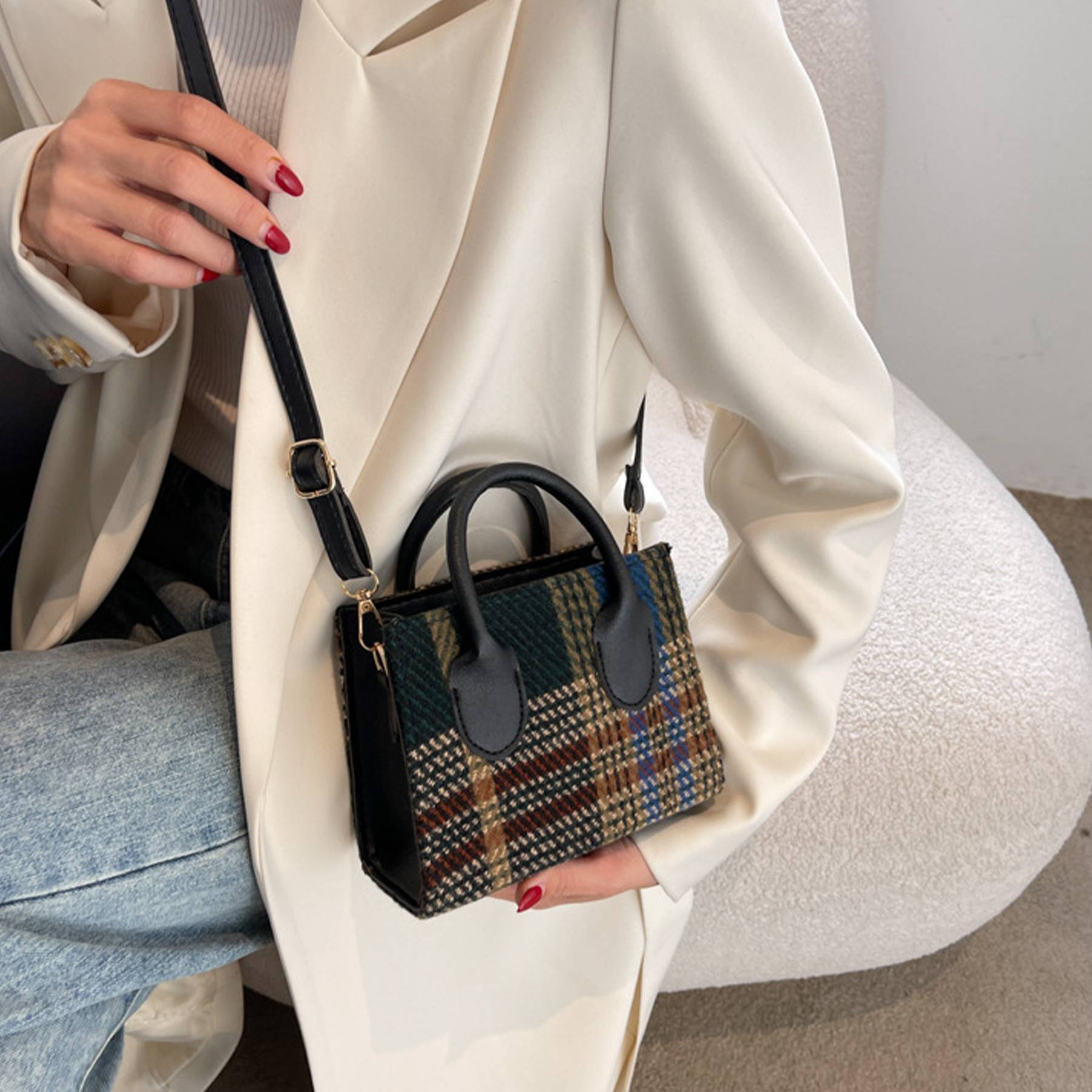 Canvas Small Checkered Cross-body Bag - Image 5