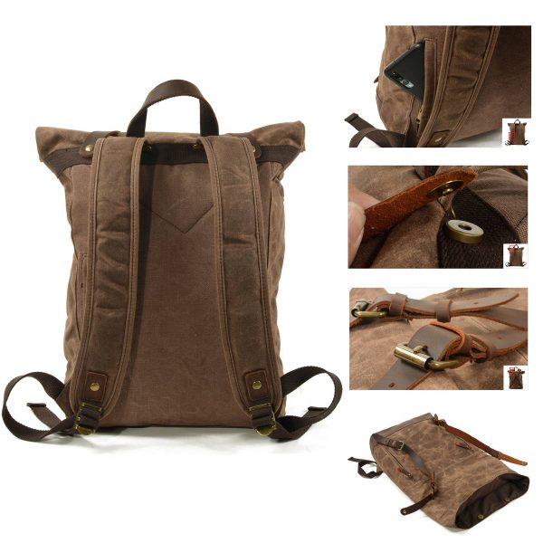Vintage Canvas Leather Roll On Laptop Backpack Waterproof - Image 5