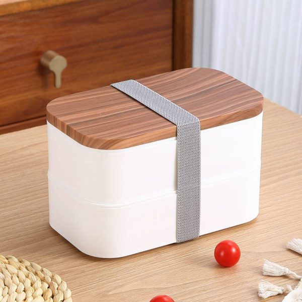 Wooden grain double layer plastic bento lunch box
