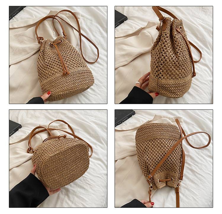 Jute Woven Beach Drawstring Bucket Handbag Crossbody Bag - Image 4
