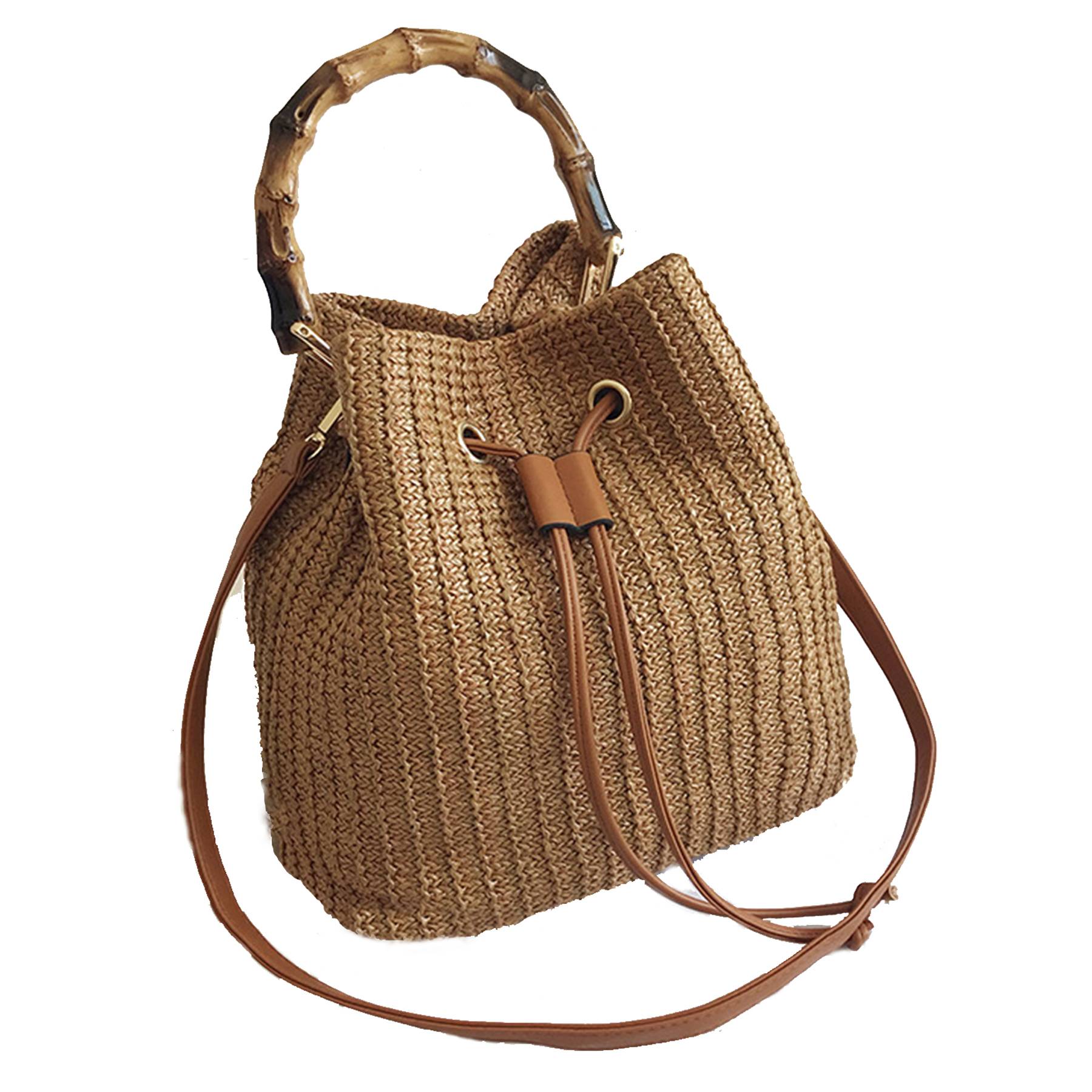 Jute Crossbody Bag Bucket Handbags With Bamboo Handle - Image 2
