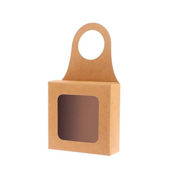 Kraft Paper Wine Bottle Box w/ Window Hanging Foldable