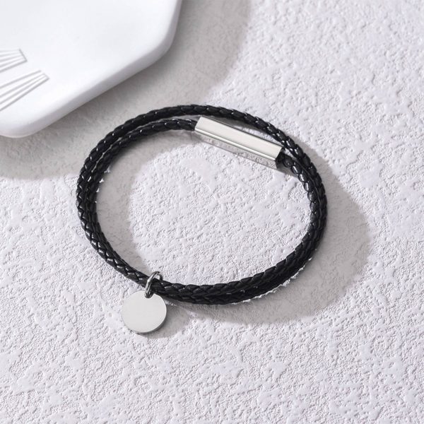 Steel Braided leather rope round pendant bracelet - Image 2
