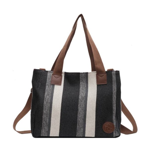 Striped Canvas Tote Bag W/ Large Capacity - Image 4