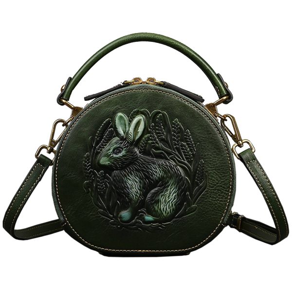 Genuine Leather Vintage bunny embossed diagonal shoulder bag