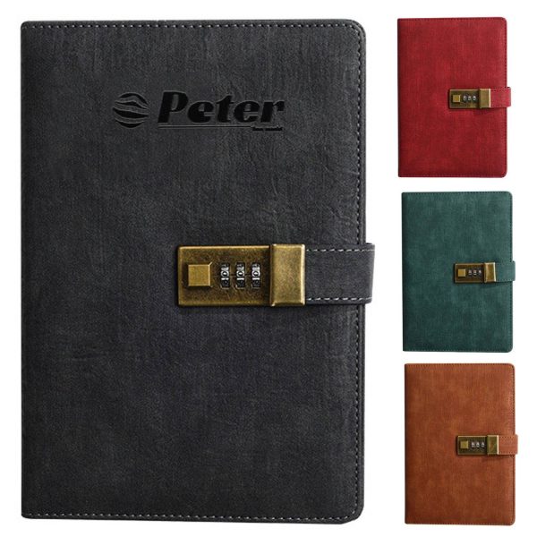 A5 PU Leather Journal Notebook w/ Metal Password Lock