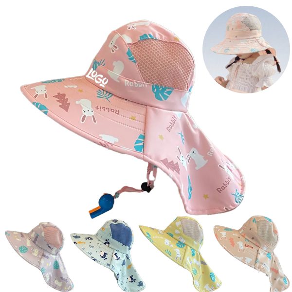 Kid's Adjustabl Breathable Wide Brim Sun Hat w/ Whistle